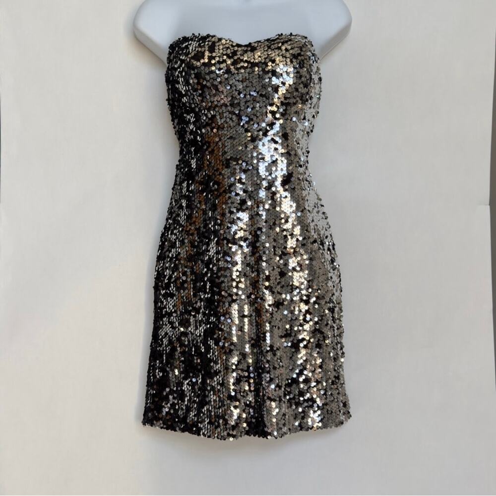 AS YOU WISH Strapless Silver Black Shiny Sequins Bling Mini Dress Size M Medium